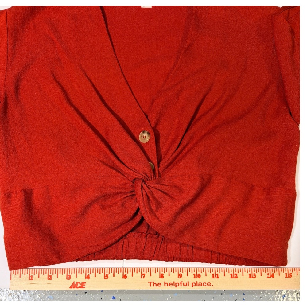 Timing Rust Red Twist Front Crop Top Medium V-Neck Linen Blend Short Sleeve - Picture 14 of 16